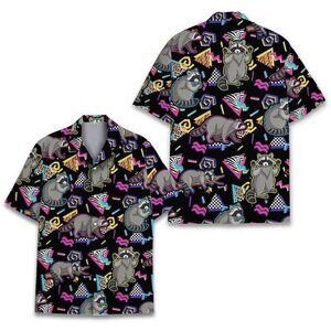 Retro Raccoon Hawaiian Shirt, Neon 80s Cartoon Animal Aloha Shirt